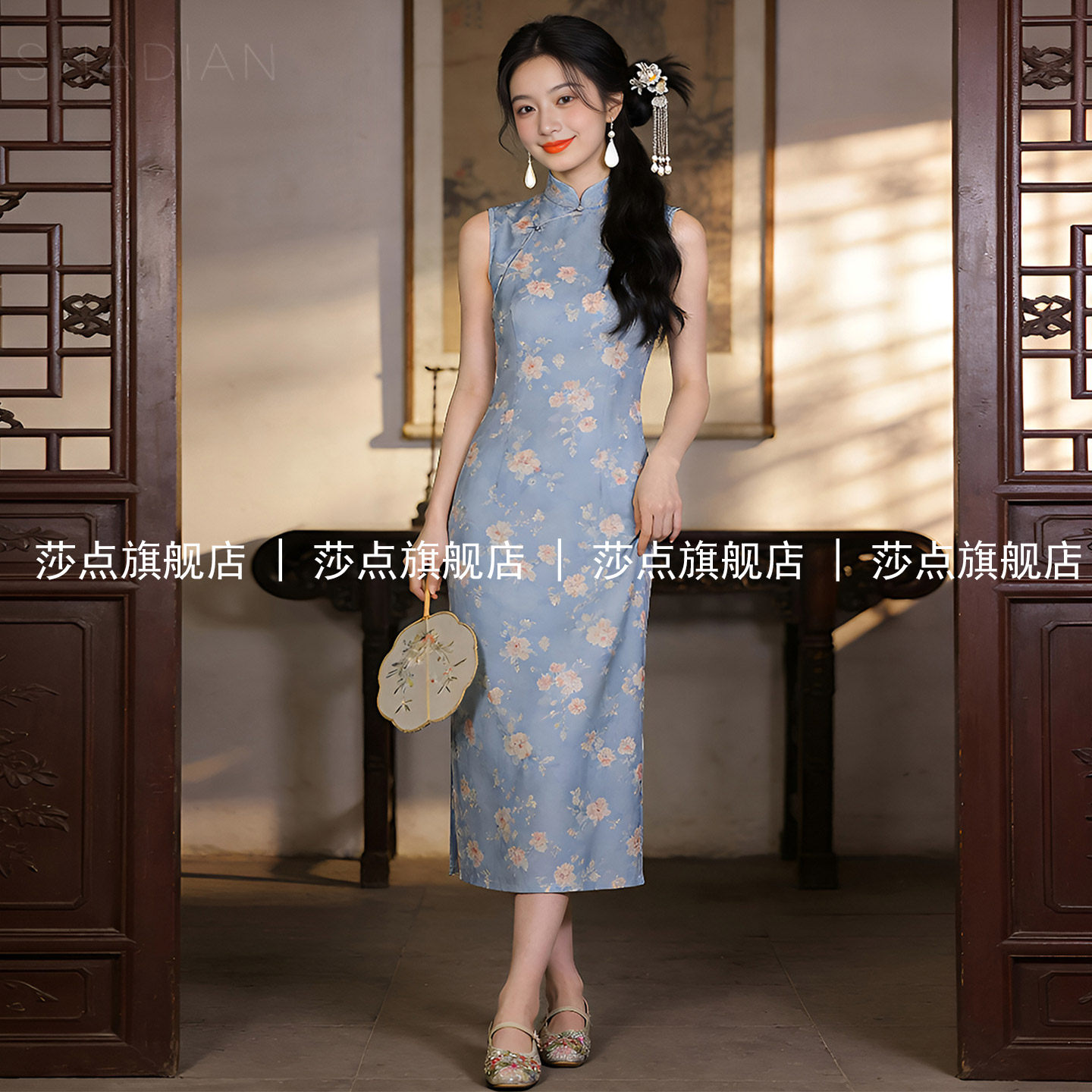 新中式旗袍连衣裙女夏2026新款收腰碎花裙无袖长裙妈妈婚宴礼服