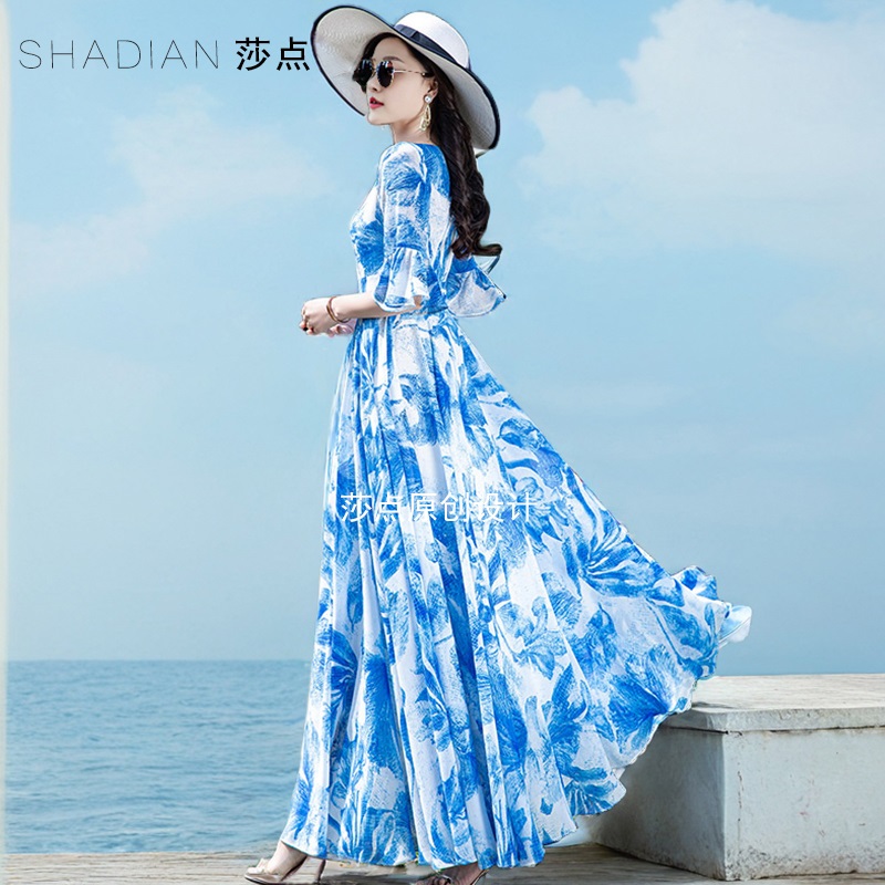 莎点蓝色连衣裙雪纺长款裙子