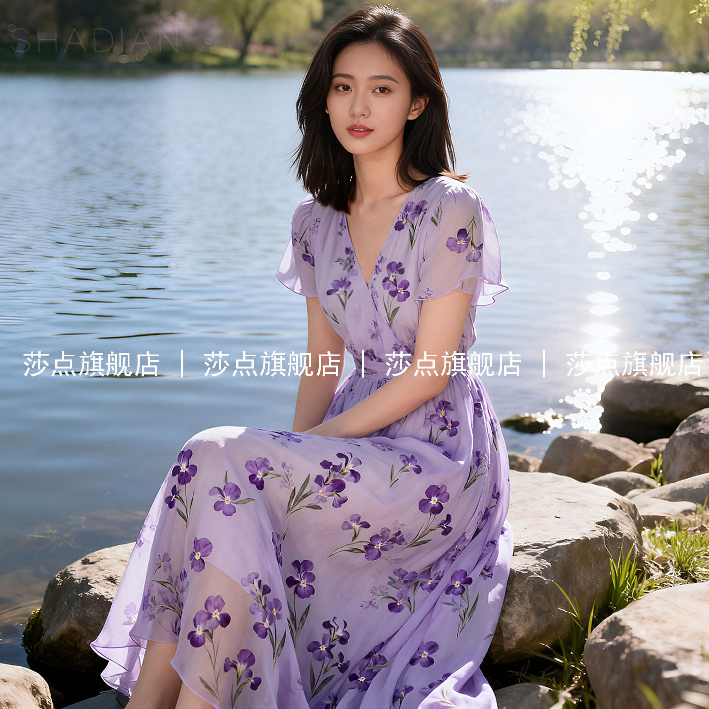 紫色V领短袖雪纺碎花连衣裙女夏