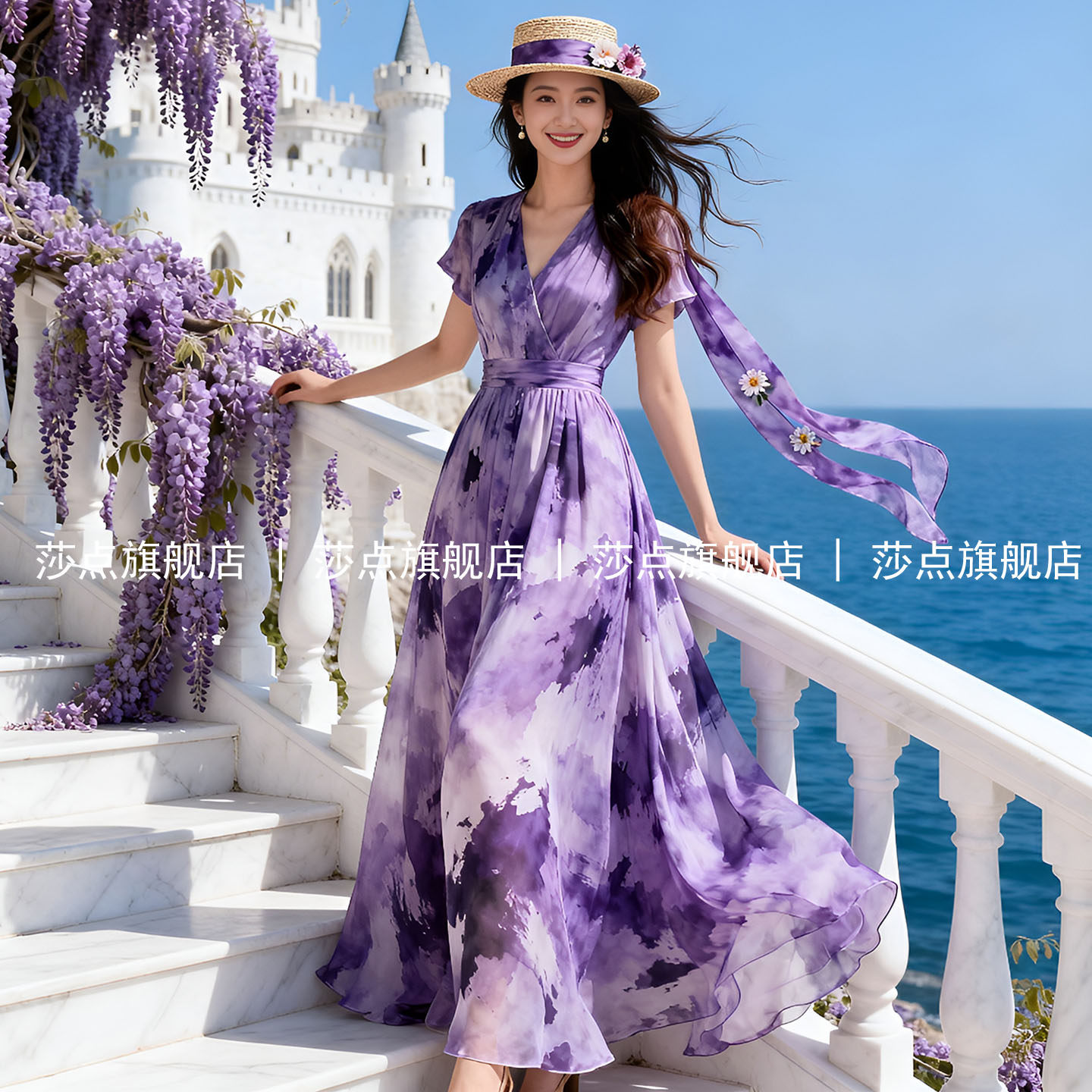 V领短袖紫色海边度假连衣裙女夏