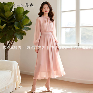 粉色薄纱长袖连衣裙女2026早春气质收腰长袖显瘦长裙长款度假裙