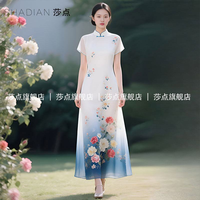 新中式国风改良旗袍连衣裙女夏修身宽松长裙气质妈妈装碎花裙日常