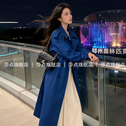 蓝色休闲风衣女中长款过膝