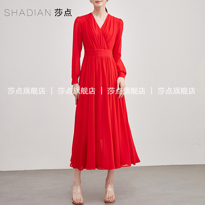 红色薄纱连衣裙女夏气质海边度假
