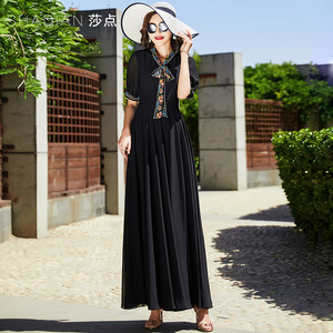 黑色连衣裙高腰修身显瘦气质长裙雪纺大摆裙飘带领海边度假沙滩裙