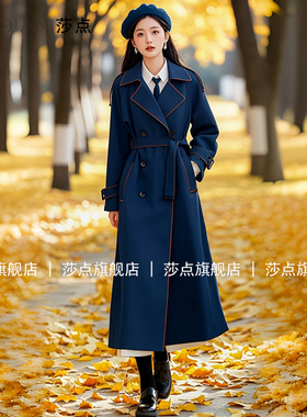 今年流行风衣中长款2026春秋新款气质通勤高端双排扣绑带蓝色外套