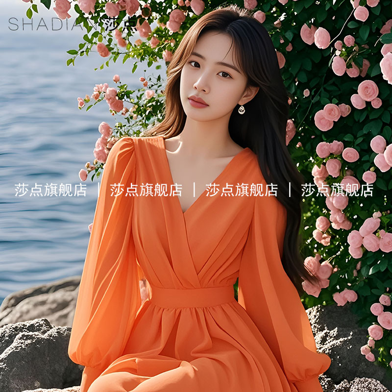 V领橘色薄纱连衣裙女夏长袖收腰气质雪纺大摆长裙海边度假沙滩裙