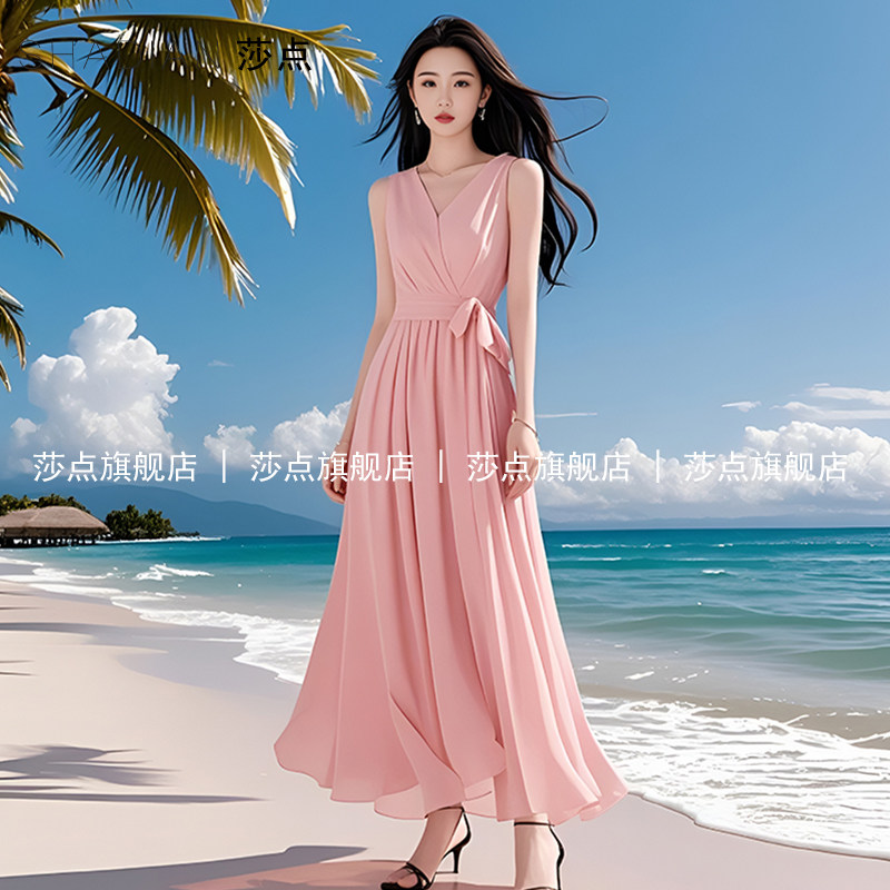 粉色薄纱无袖吊带连衣裙女夏气质收腰长裙背心裙海边度假沙滩裙