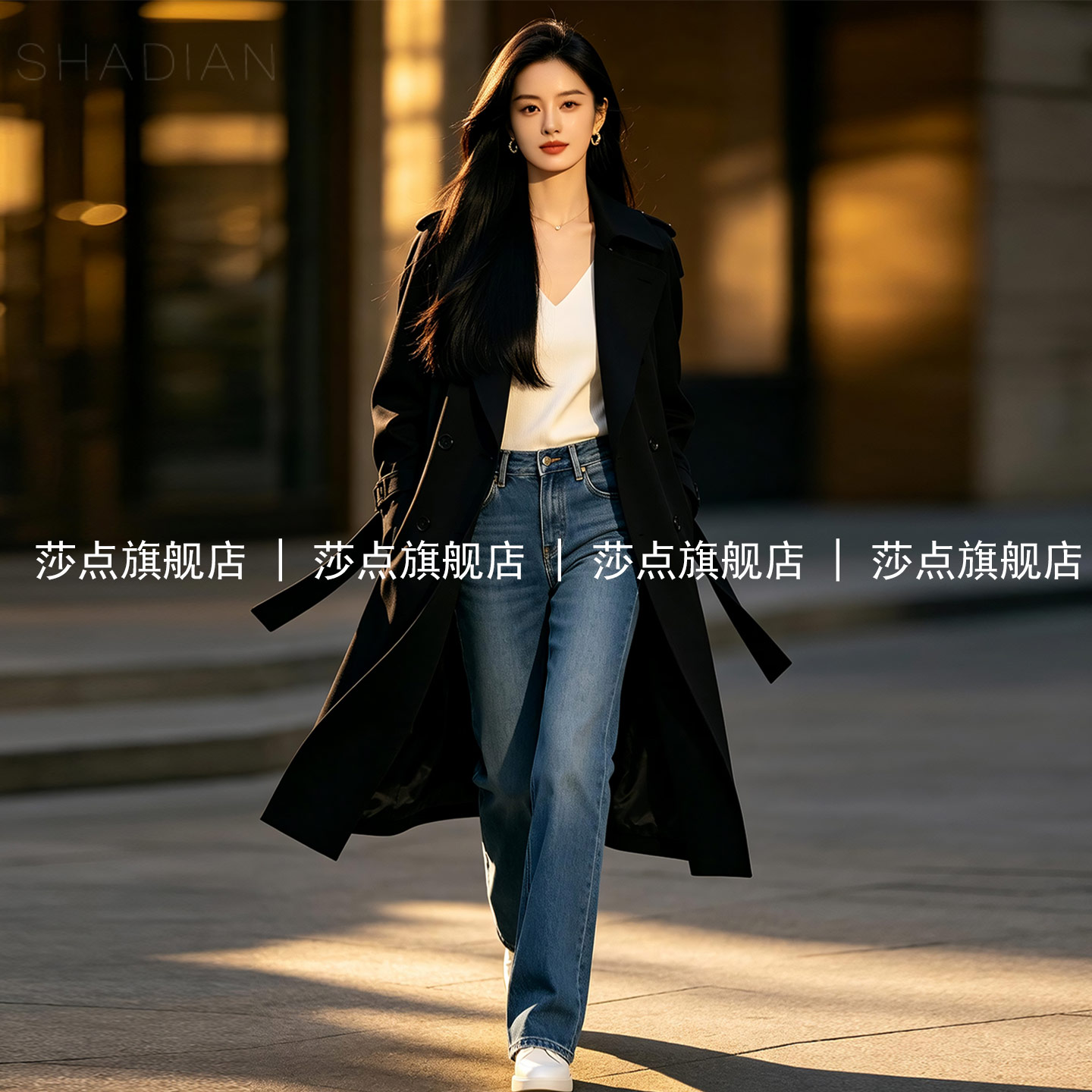 黑色双排扣休闲风衣外套女中长款