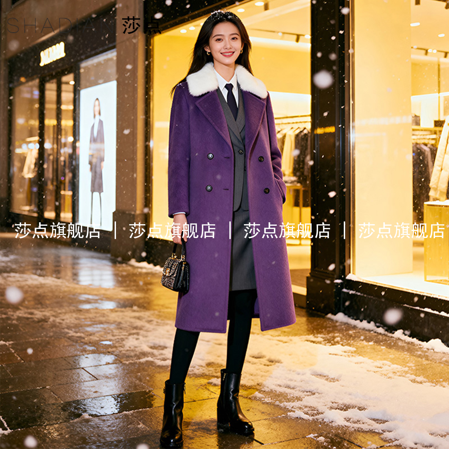 紫色双排扣毛领毛呢外套女冬