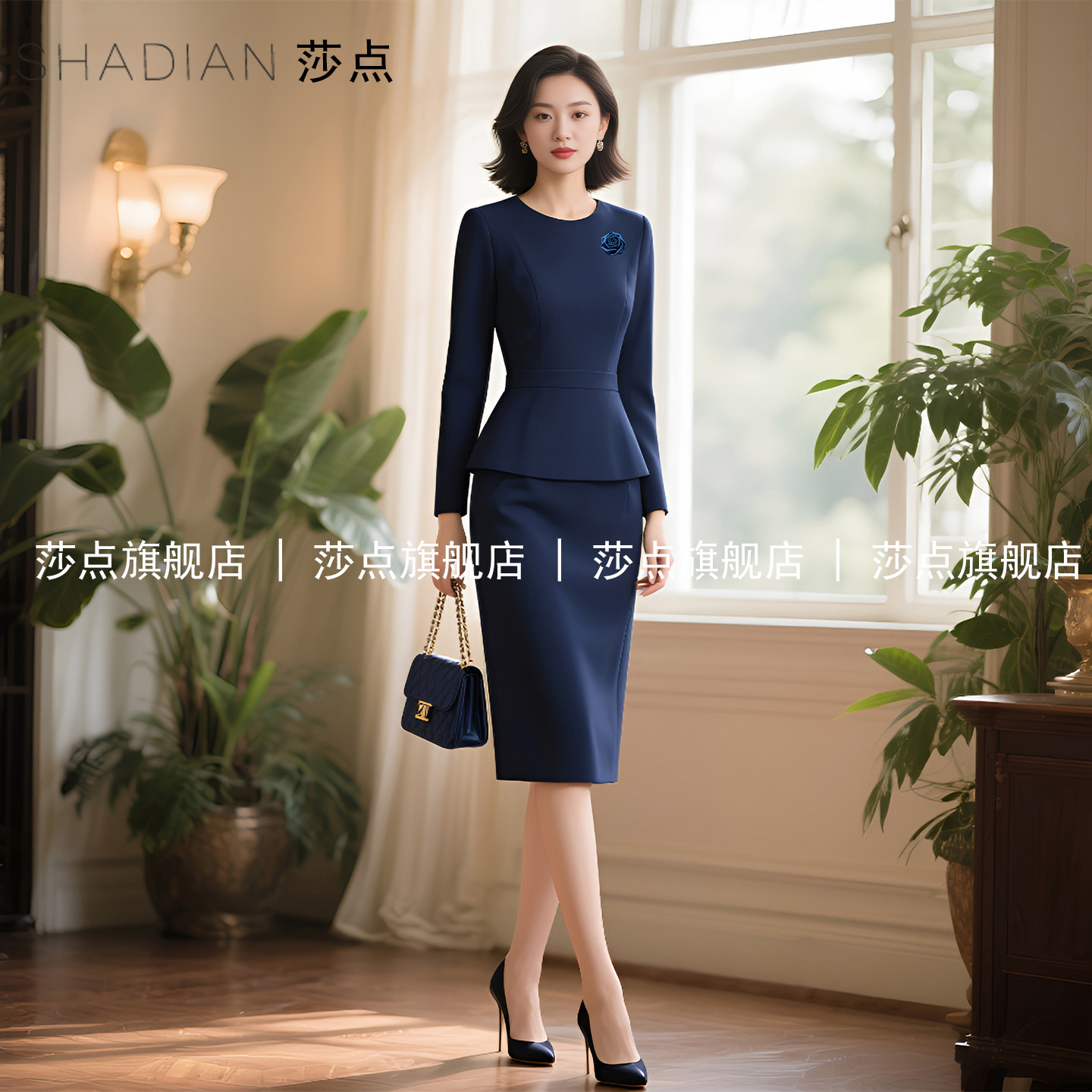 蓝色假两件长袖连衣裙女