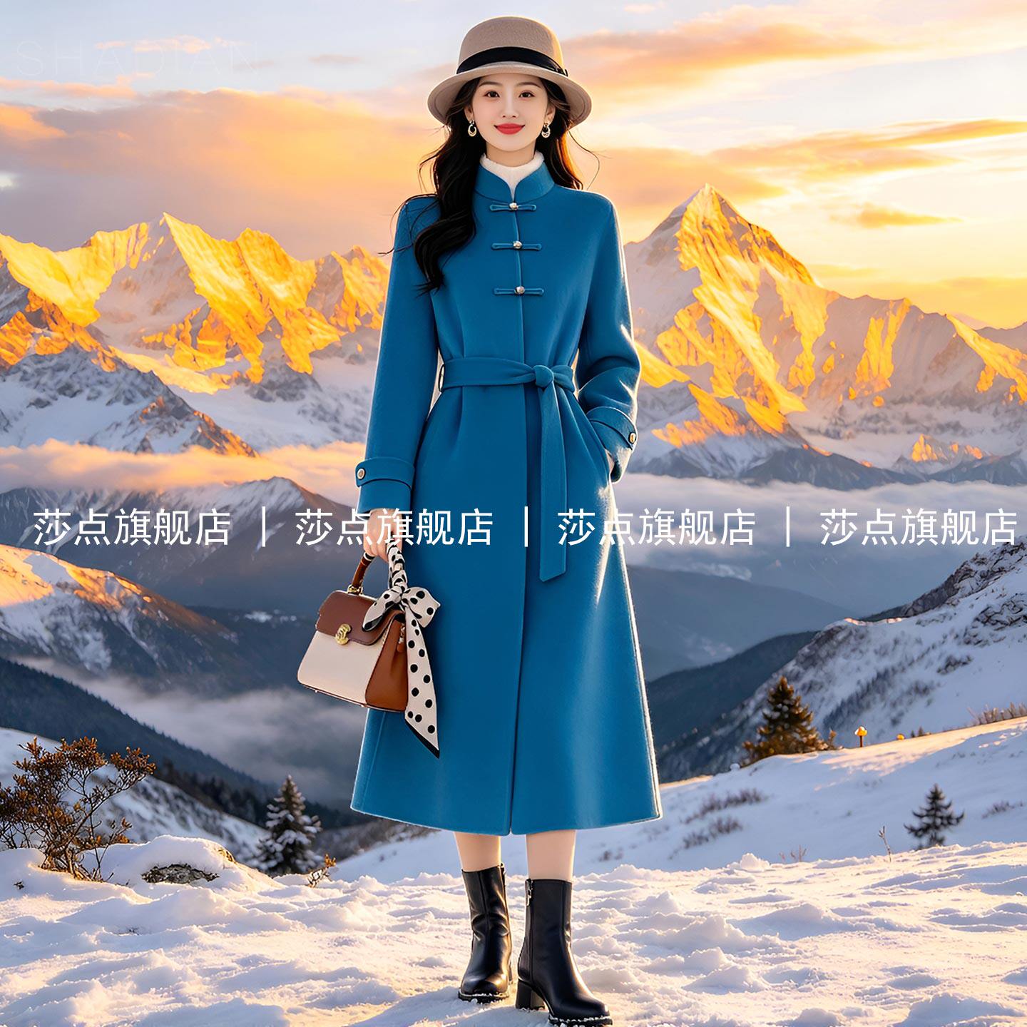 蓝色新中式立领呢子大衣女秋冬