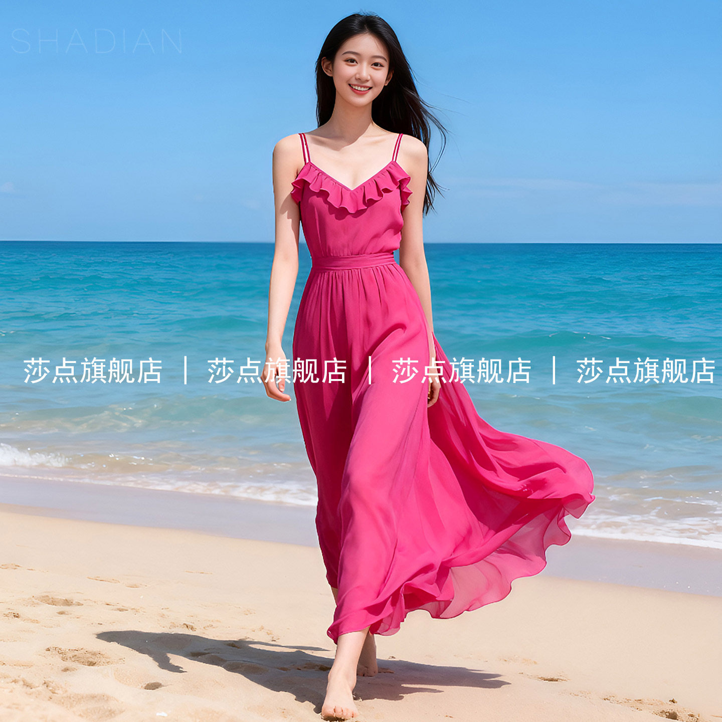 玫红色无袖吊带连衣裙女夏