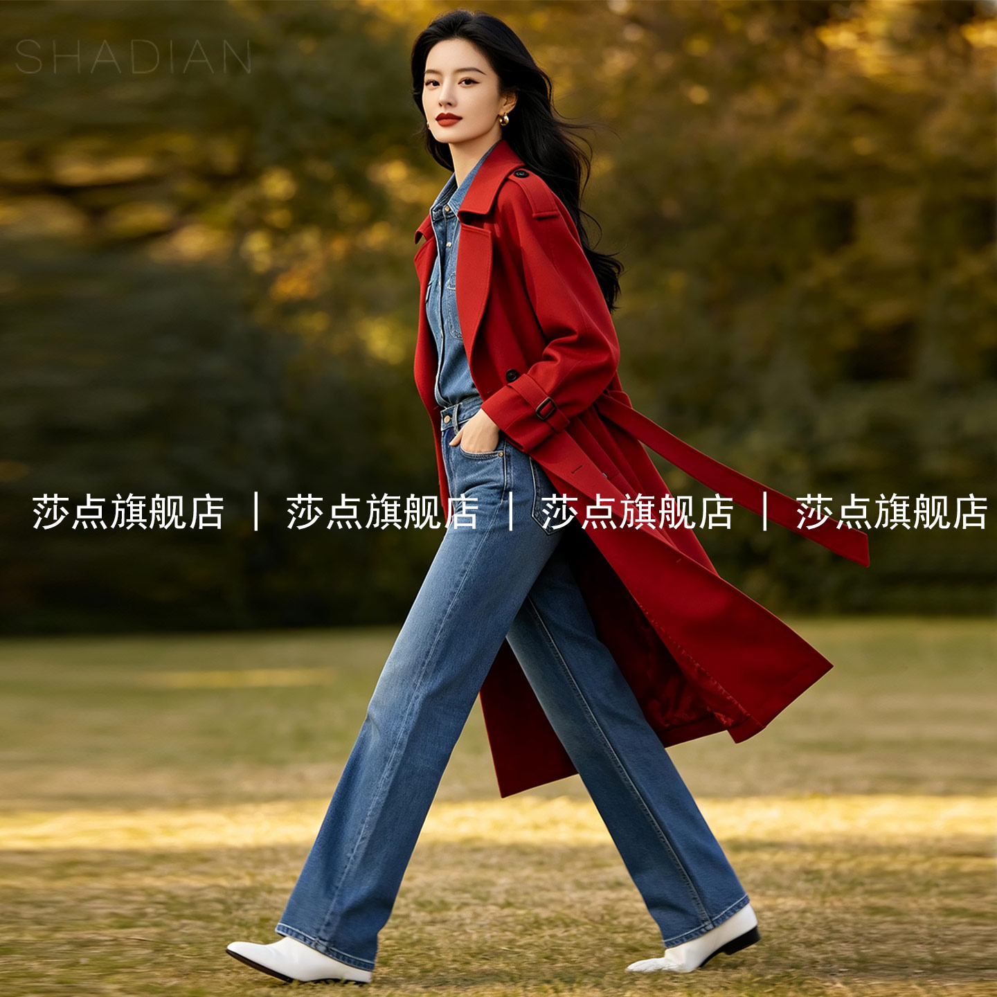 红色休闲风衣外套女中长款