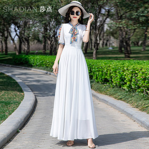 白色连衣裙女2026夏季新款大摆裙长款长裙收腰雪纺海边度假沙滩裙