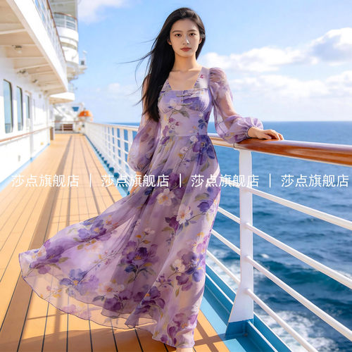 紫色长袖碎花连衣裙女夏