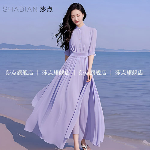 紫色薄纱连衣裙女夏气质