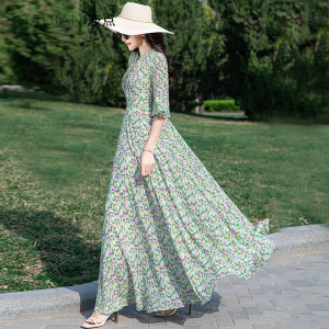 夏季连衣裙女长款新款雪纺碎花大摆裙收腰显瘦长裙海边度假沙滩裙