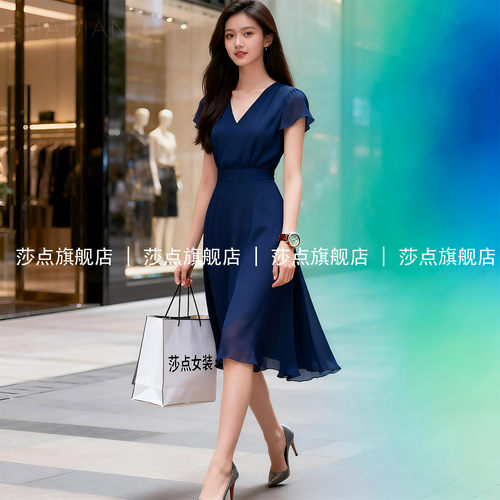 蓝色V领短袖薄纱连衣裙女夏