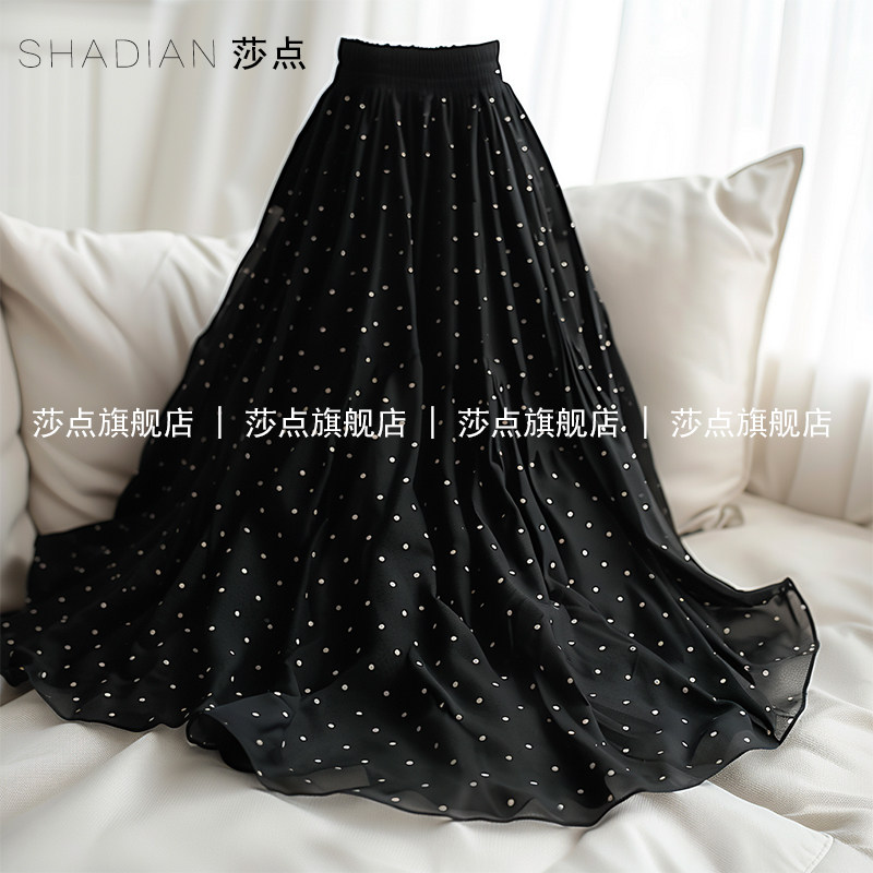 黑色波点半身裙女夏2026新款百褶裙雪纺薄纱高腰长裙垂坠感半裙