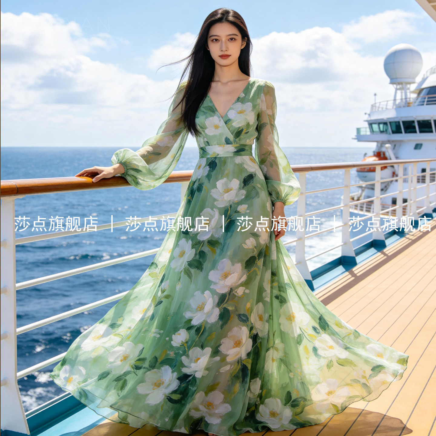 V领绿色碎花连衣裙女夏2026新款气质雪纺长裙轻奢海边度假沙滩裙