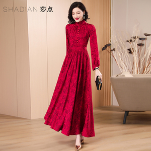 2026年春秋气质长袖连衣裙长款碎花长裙酒红色大摆裙喜婆婆婚宴装