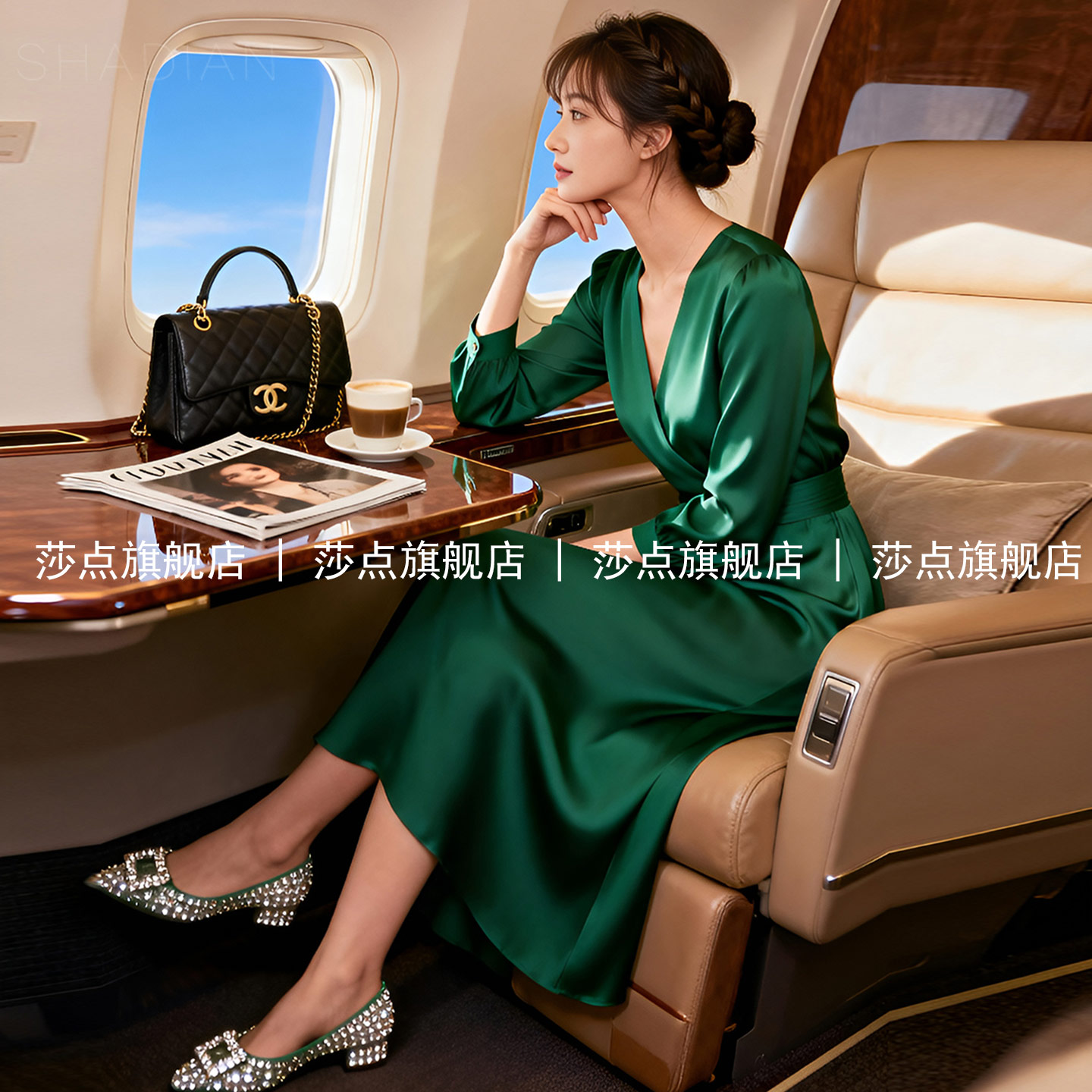 绿色交叉V领长袖连衣裙女春秋