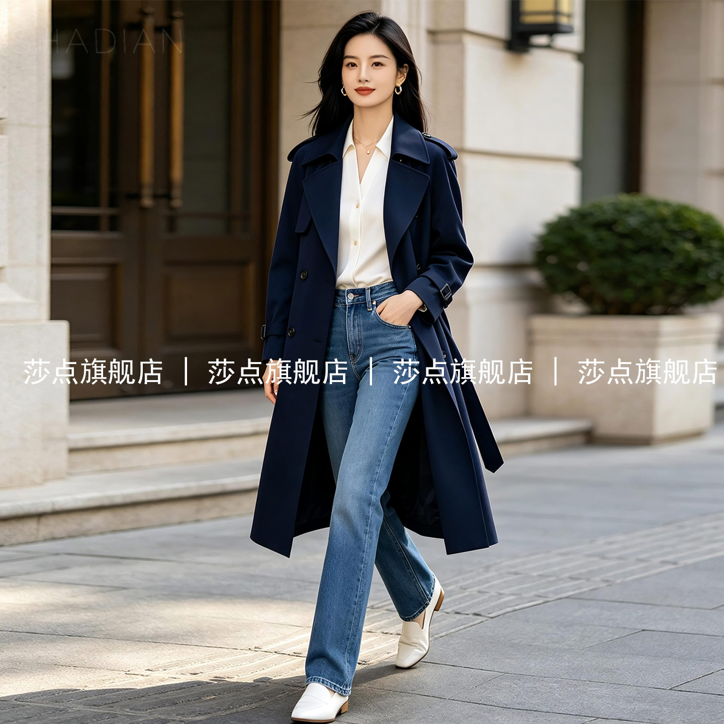 藏青色双排扣休闲风衣女中长款