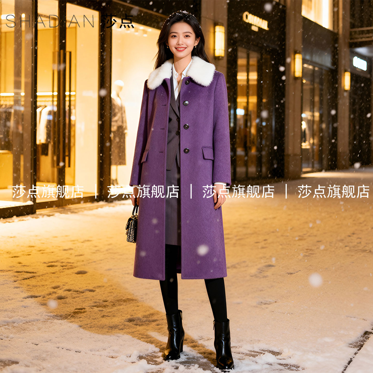 紫色毛领毛呢大衣女冬中长款