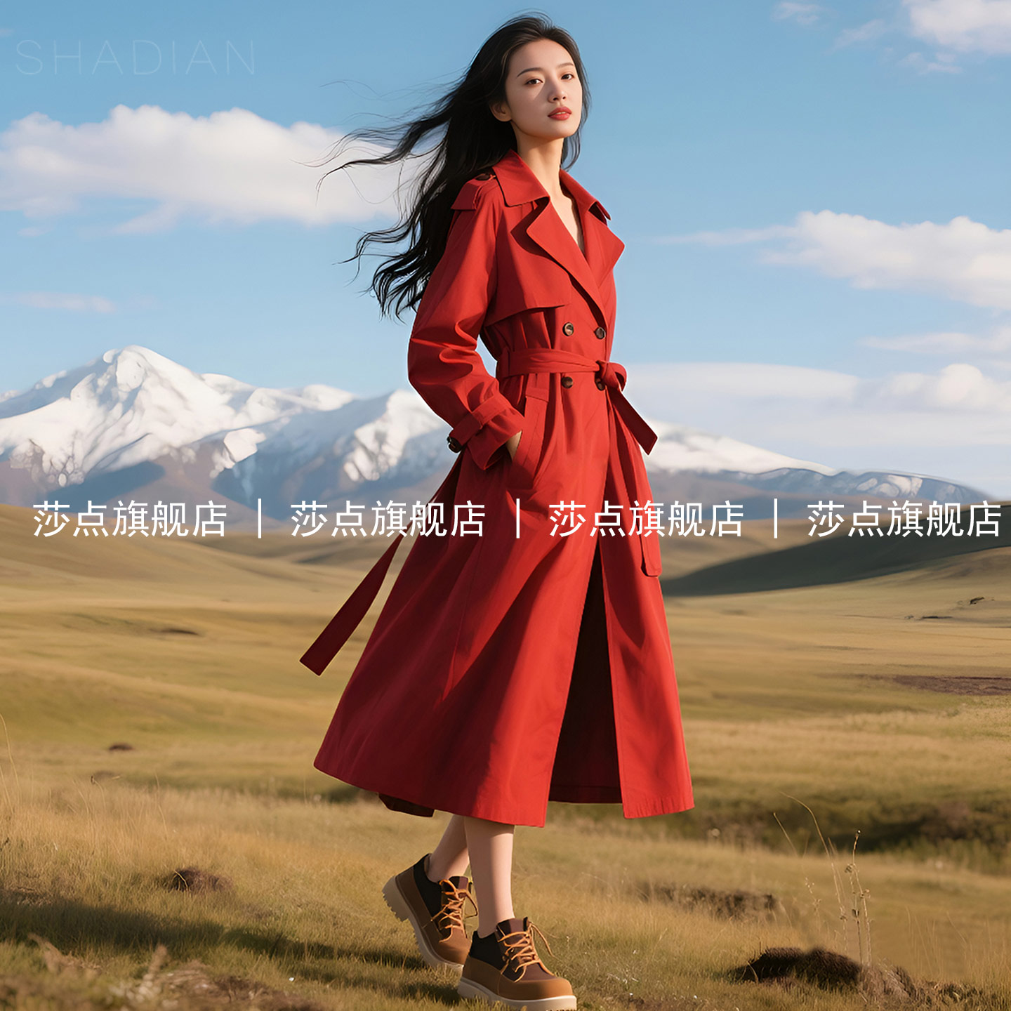 红色双排扣风衣大衣女中长款