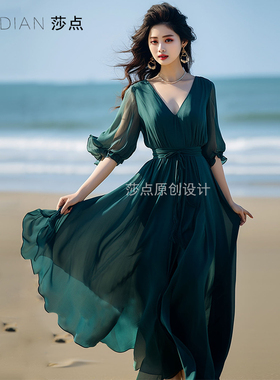 海边度假绿色长裙高端精致雪纺连衣裙收腰显瘦气质裙子飘逸沙滩裙