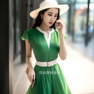 今年流行绿色连衣裙收腰显瘦高级感长款大摆裙海边旅游气质度假裙