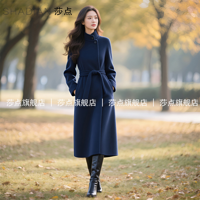 蓝色毛呢外套女中长款2025秋冬