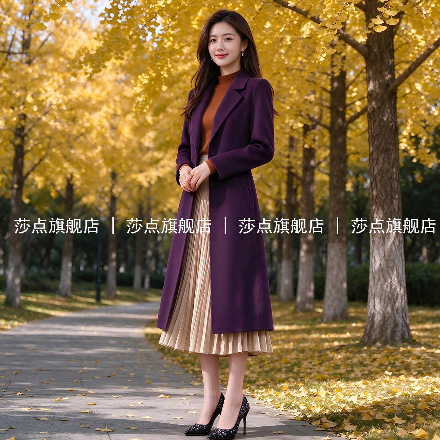 紫色毛呢外套女冬季加厚中长款