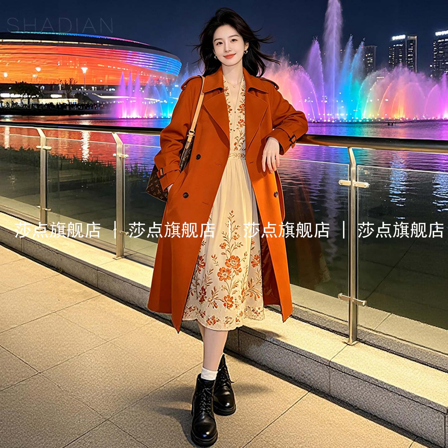 桔色双排扣休闲风衣女中长款