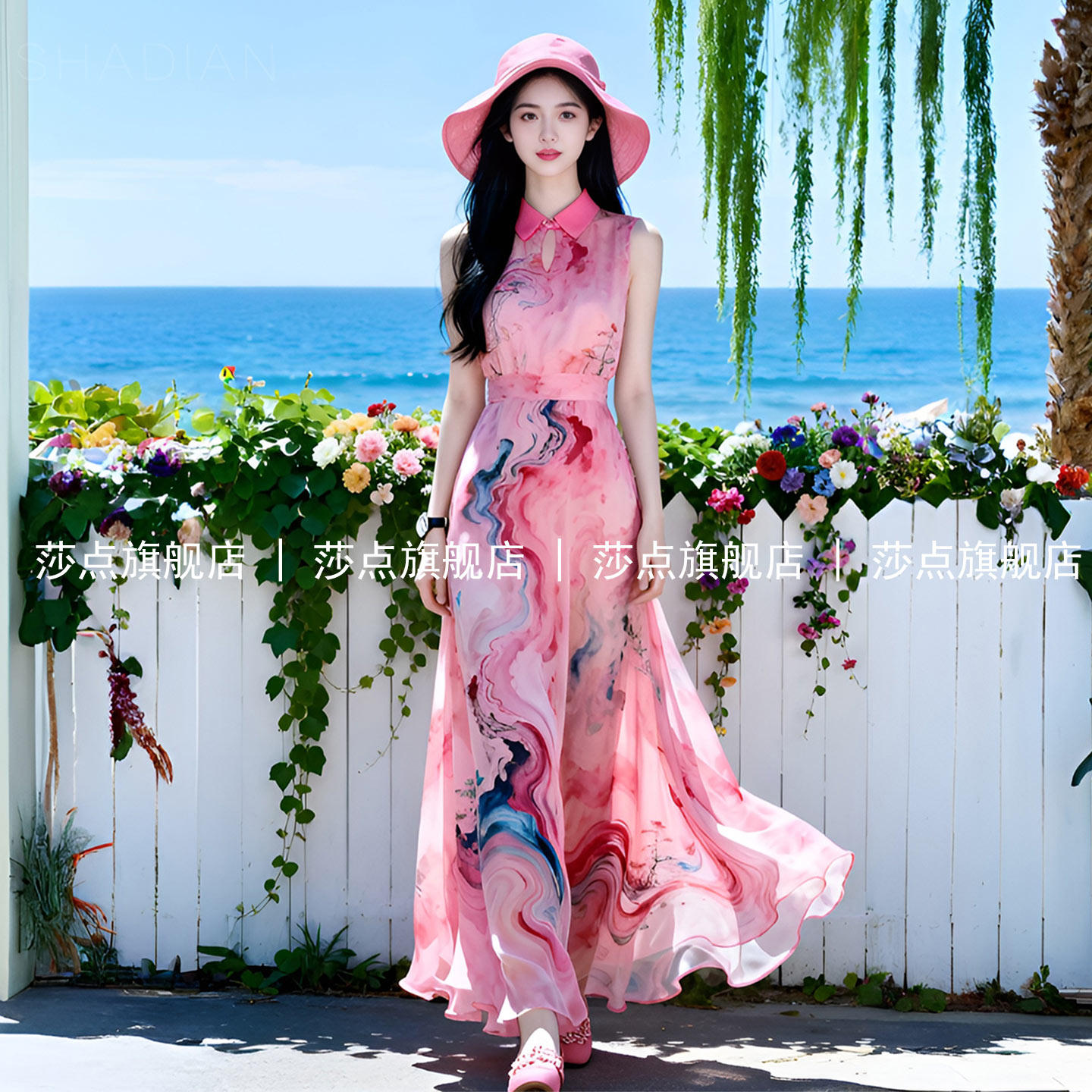 粉色无袖碎花连衣裙女夏小翻领雪纺长款长裙海边度假沙滩裙背心裙