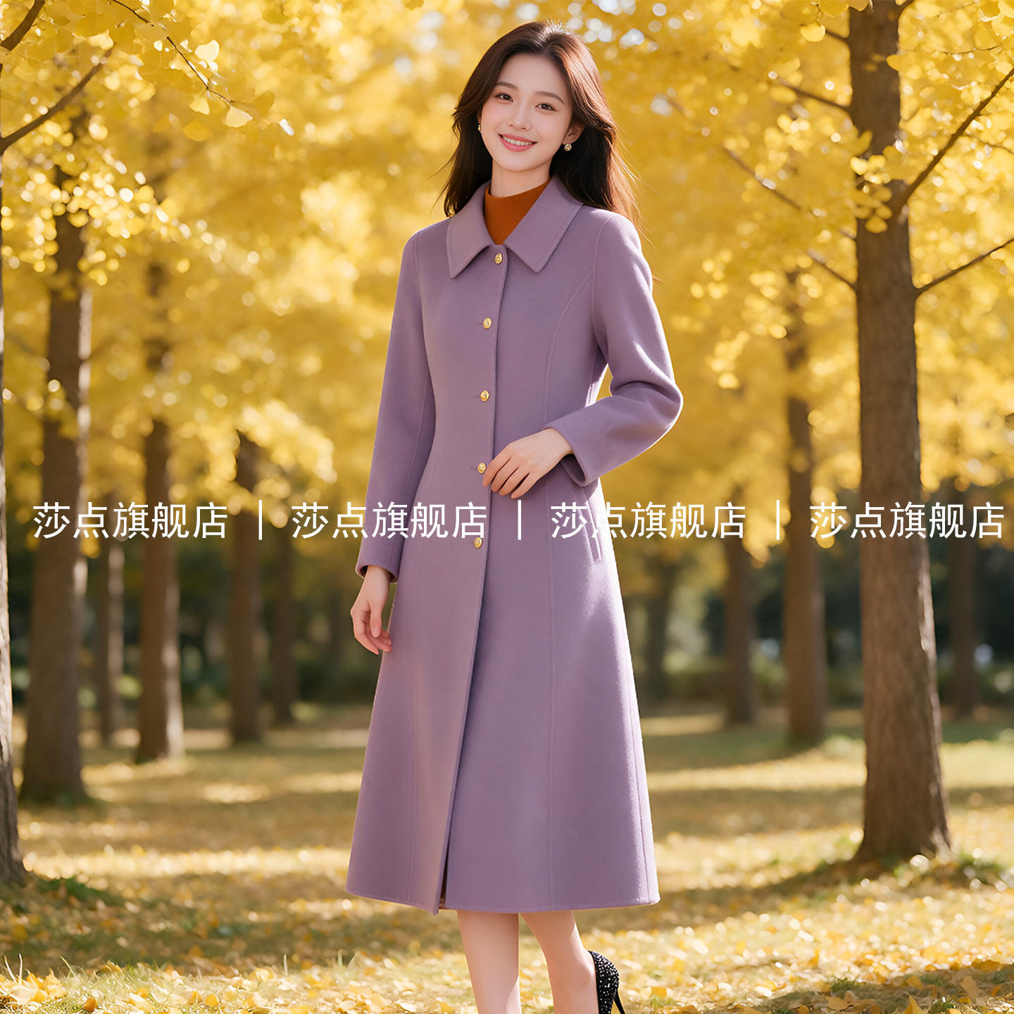 香芋紫翻领单排扣毛呢外套女秋冬
