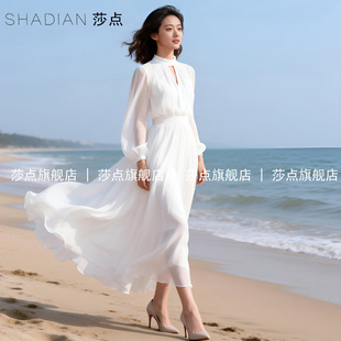 白色薄纱连衣裙女收腰长袖雪纺长裙长款沙滩裙海边度假裙子大摆裙