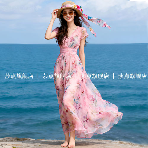 短袖V领碎花连衣裙女夏仙女裙