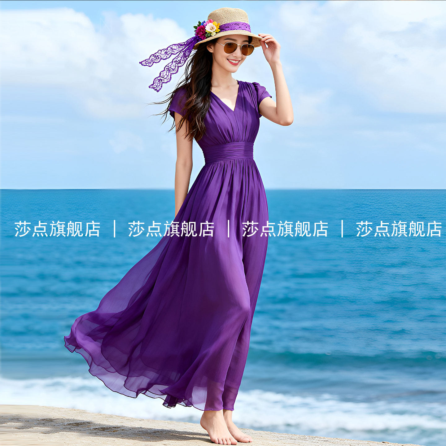 紫色V领短袖薄纱连衣裙女夏