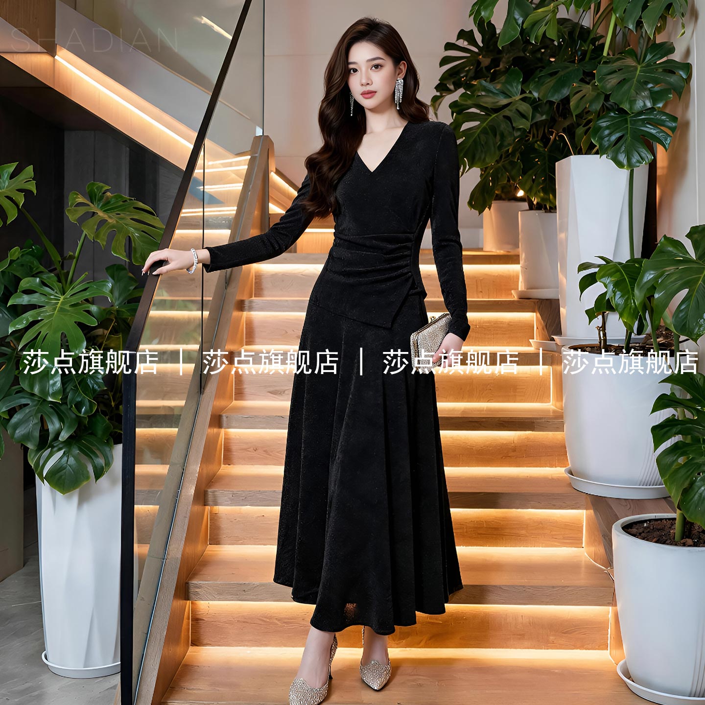 黑色V领长袖休闲高知小资套装女