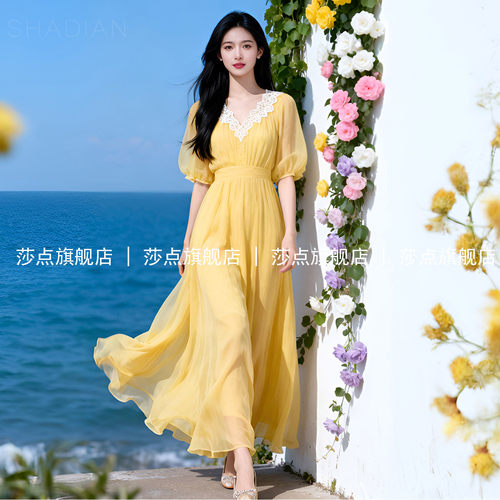 V领黄色短袖薄纱连衣裙女夏