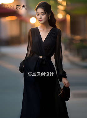 黑色连衣裙雪纺长袖长款过膝大摆裙名媛气质高级感礼服新款女装