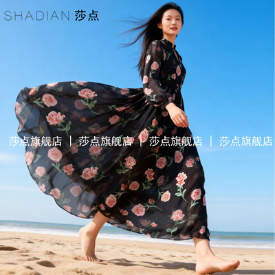 黑色碎花薄纱连衣裙女长款