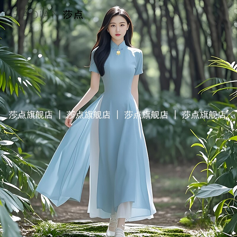 蓝色新中式国风高考送考旗袍薄纱连衣裙女夏气质收腰雪纺大摆长裙