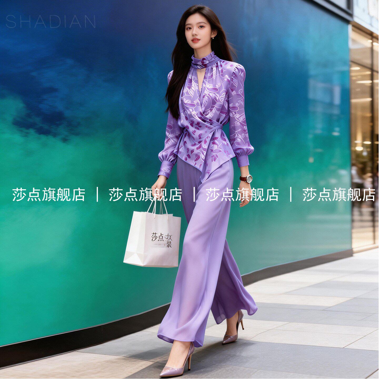紫色长袖衬衫休闲套装女夏