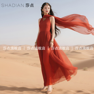 海边度假沙漠收腰气质长裙高级感 红色薄纱挂脖连衣裙女夏2025新款