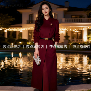 酒红色毛呢外套女中长款2025秋冬新款过膝加厚气质呢子大衣高级感