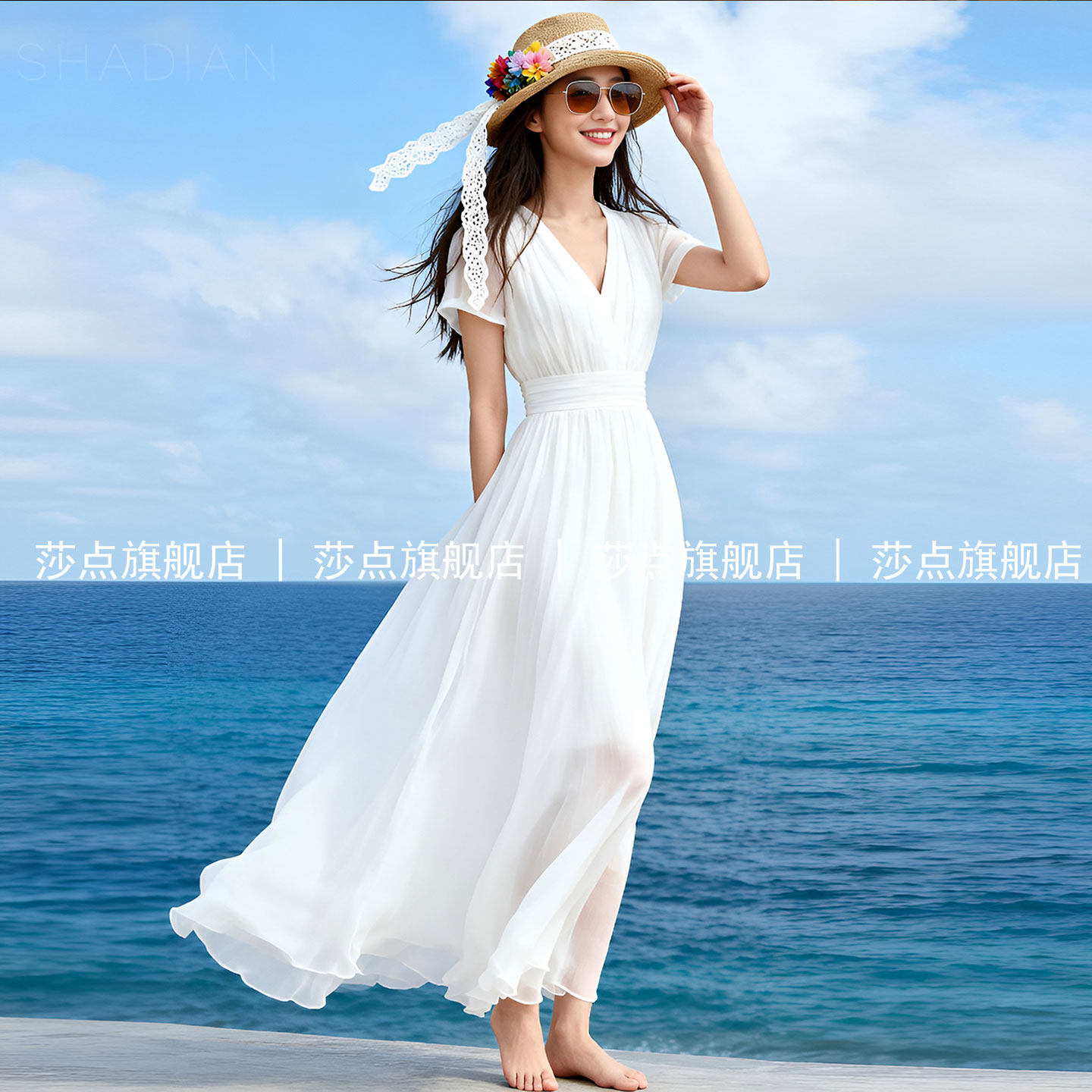 短袖V领薄纱白色连衣裙女夏