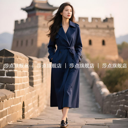 藏青色休闲风衣女中长款秋季